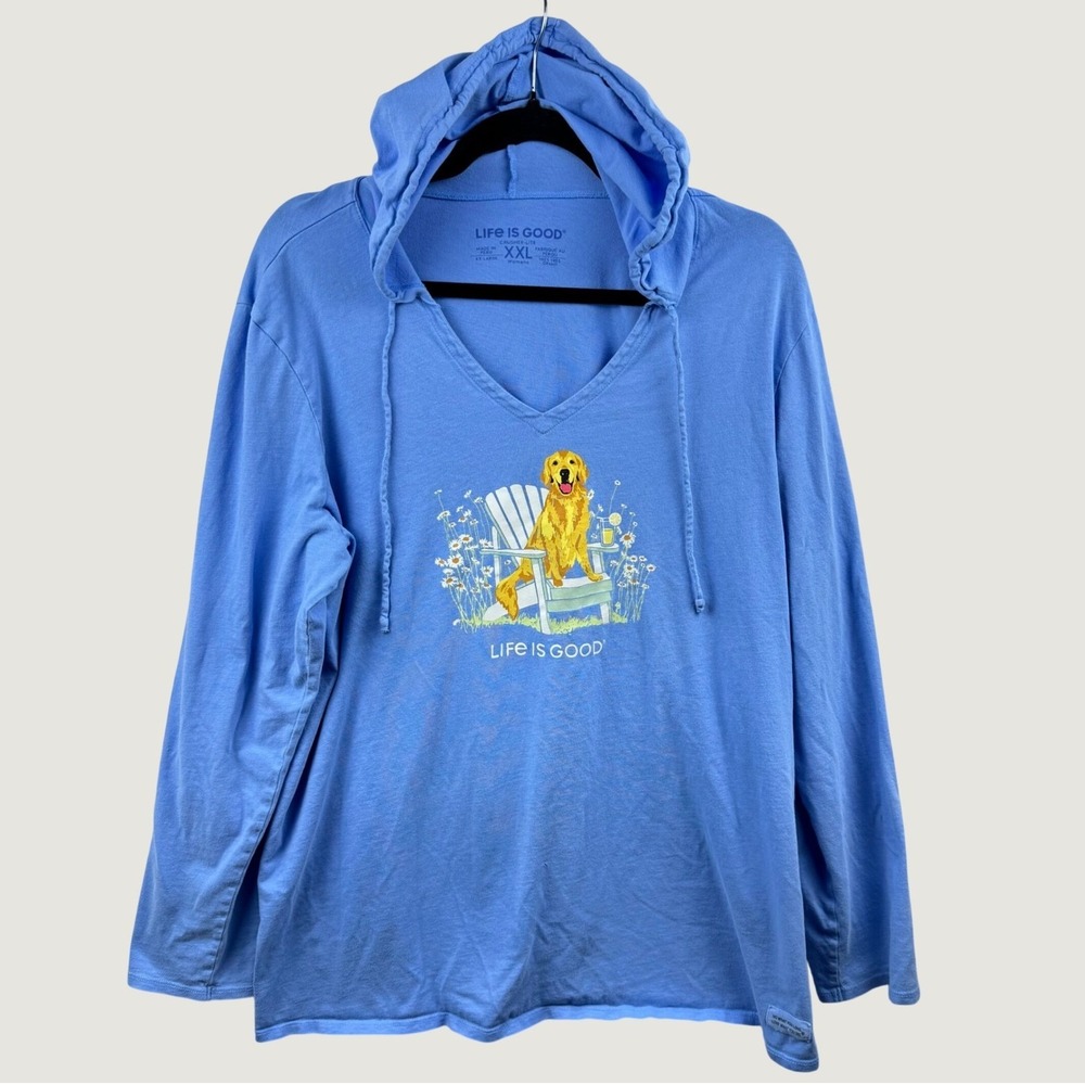 Life is Good Hoodie Womens XXL Blue Golden Retriever Dog Crusher-Lite Pullover